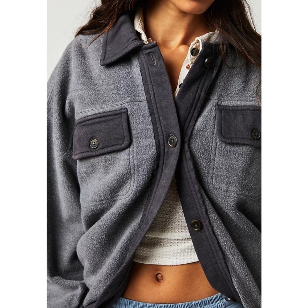 Free People Ruby Fleece Shirt Jacket Plum Gray S Oversized Button Front Pockets - Picture 4 of 9